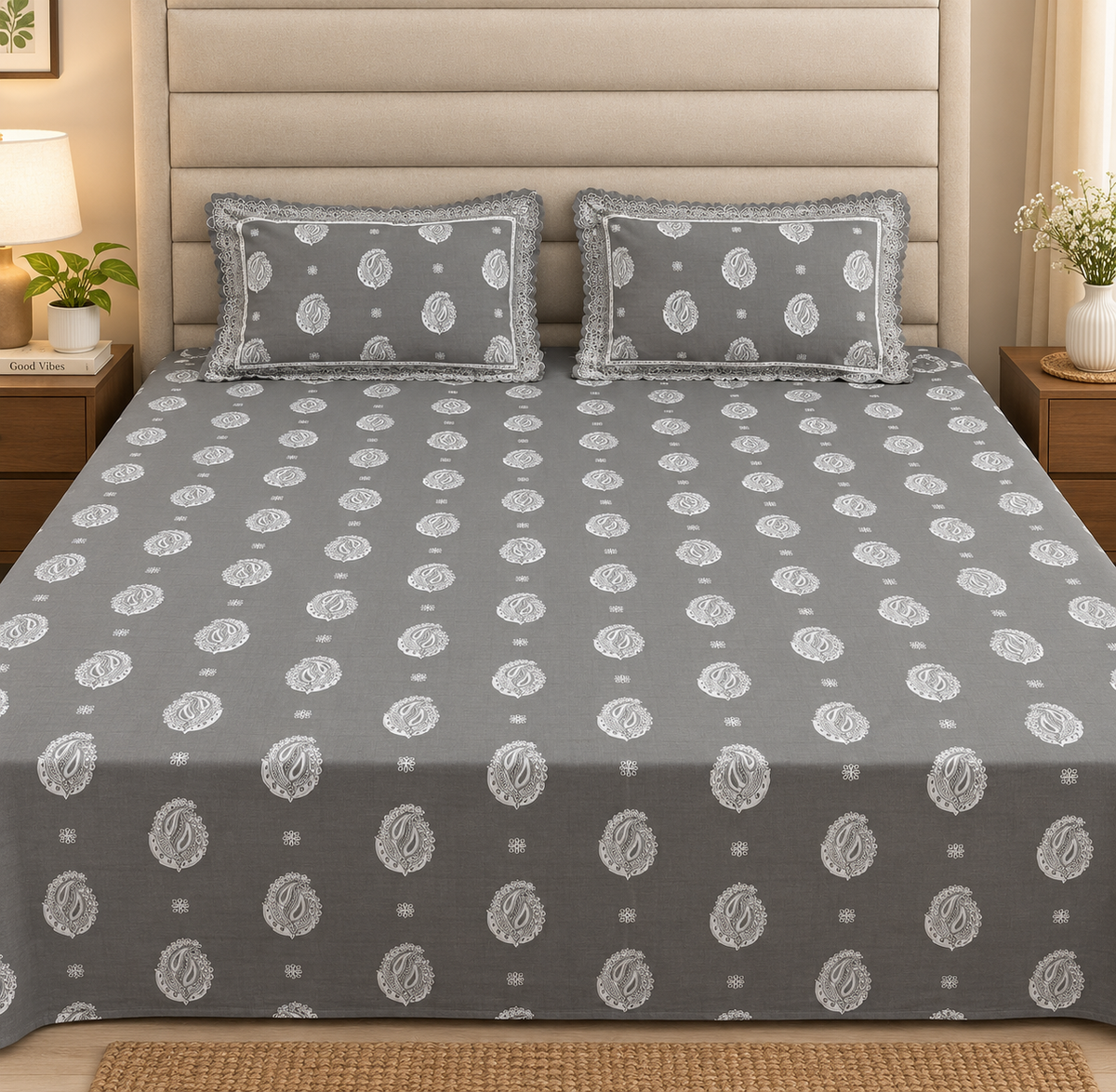 Gold Lace King Size Bedsheet | Premium Percale Cotton Printed Bedsheet