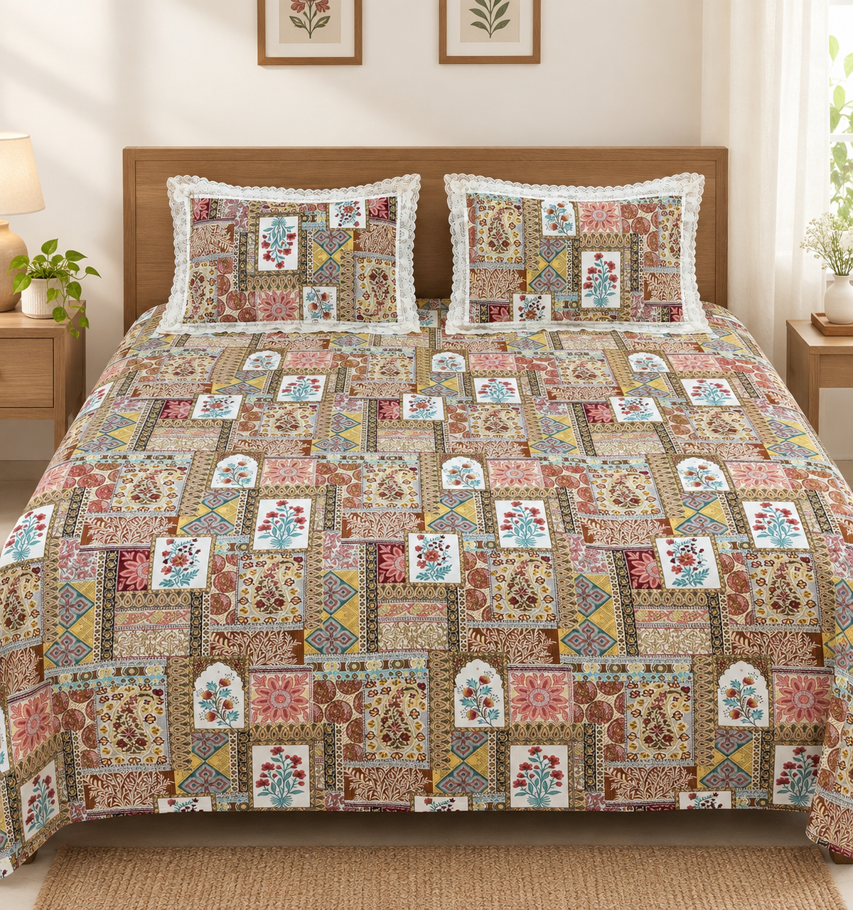 Tarini Lace Pure Cotton Bedsheet King Size | Floral Printed Cotton Bedsheet with Lace Border