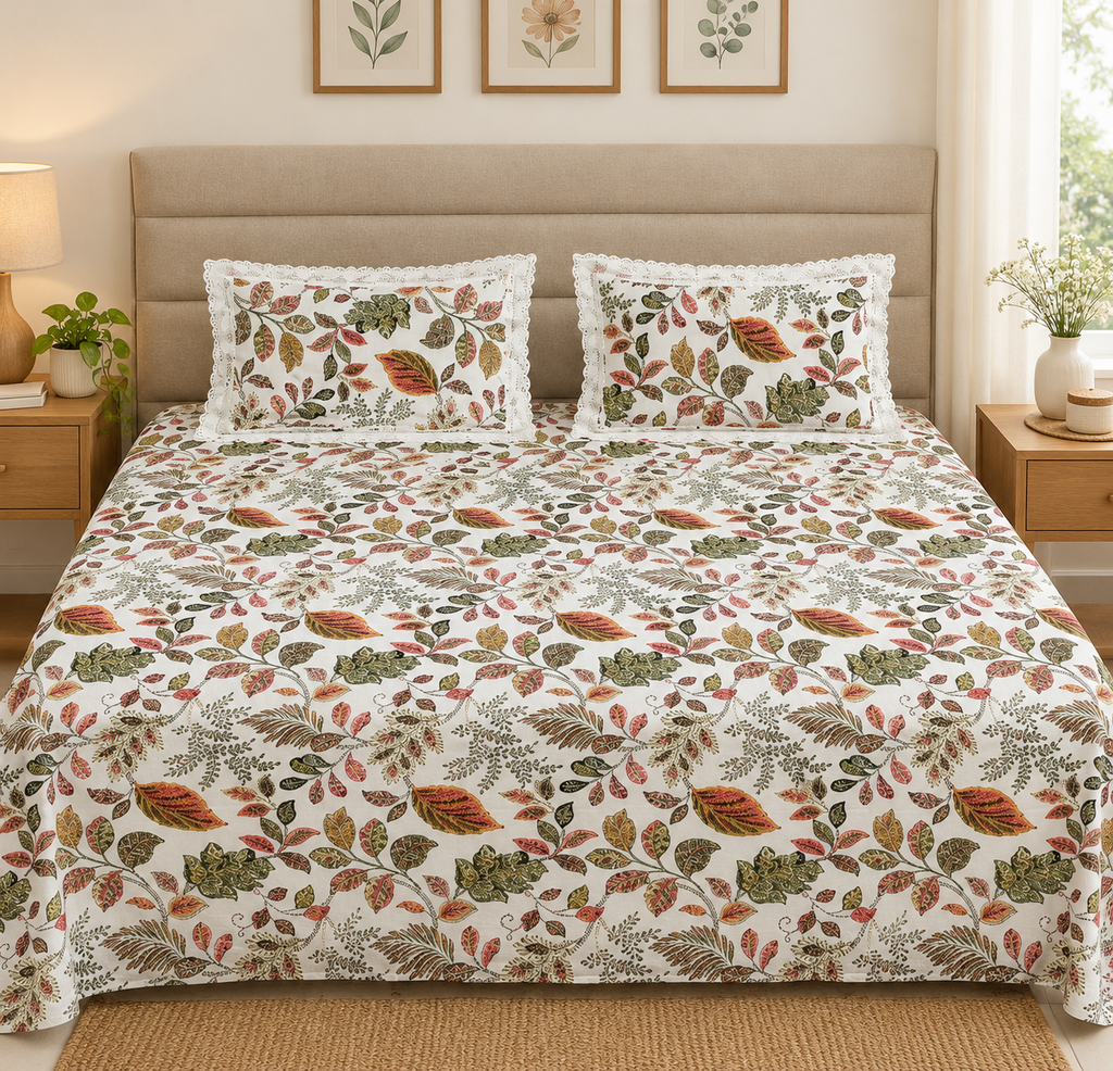Tarini Lace Pure Cotton Bedsheet King Size | Floral Printed Cotton Bedsheet with Lace Border