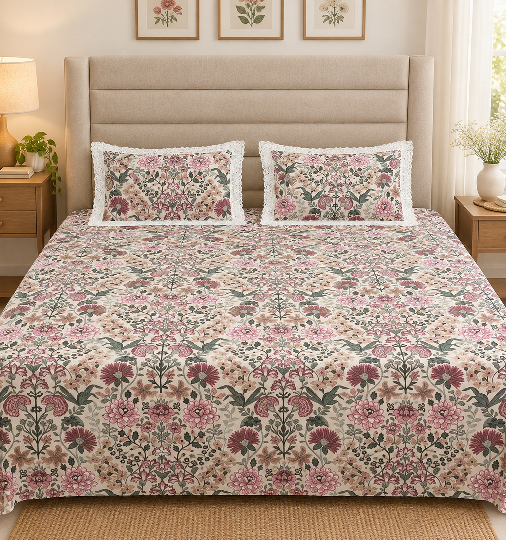 Tarini Lace Pure Cotton Bedsheet King Size | Floral Printed Cotton Bedsheet with Lace Border