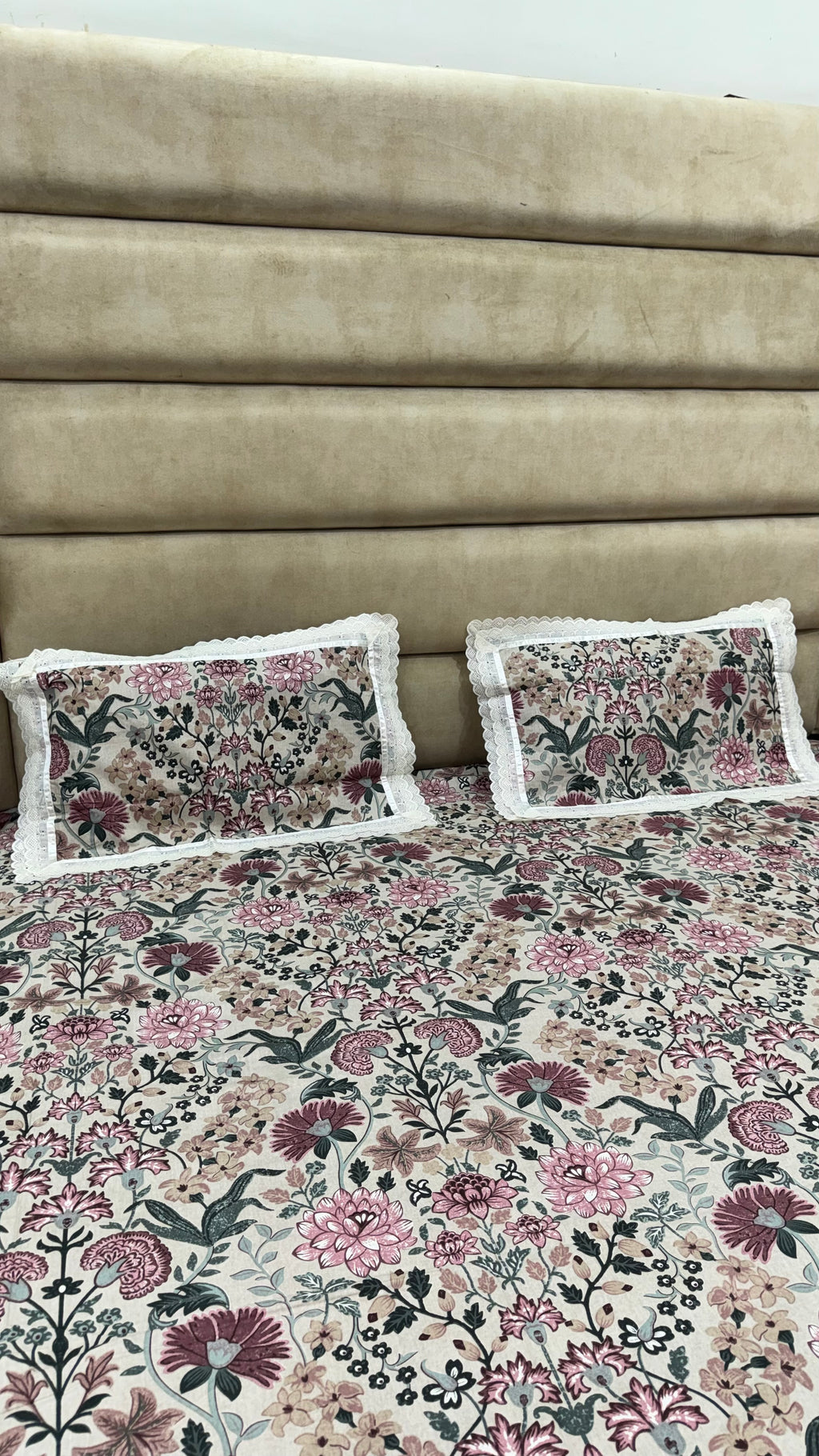 Tarini Lace Pure Cotton Bedsheet King Size | Floral Printed Cotton Bedsheet with Lace Border